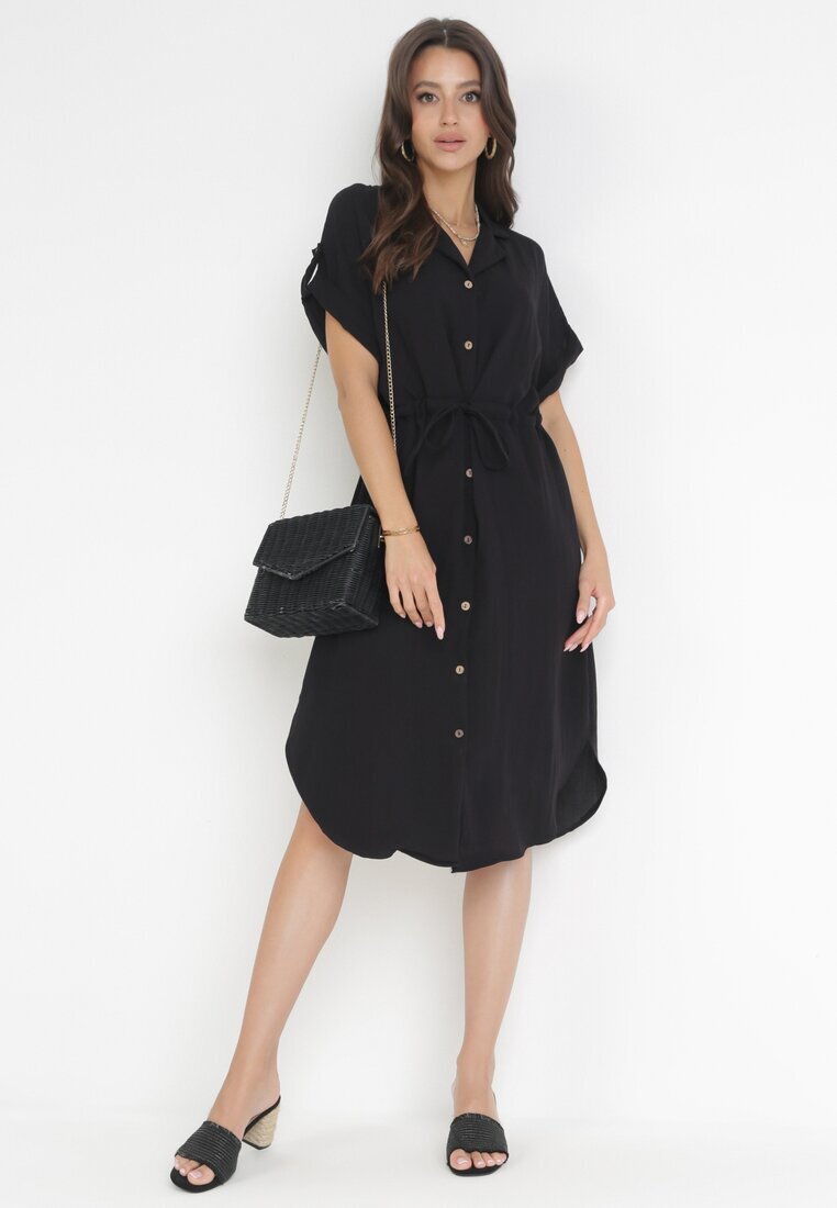 new collection Rochie neagră tip cămașă midi din viscoză cu nasturi cu șnur și decupaje Alicana