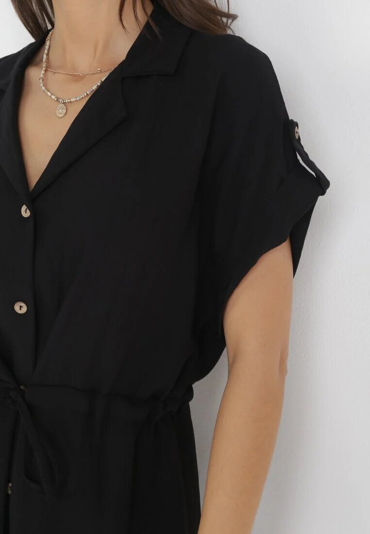 new collection Rochie neagră tip cămașă midi din viscoză cu nasturi cu șnur și decupaje Alicana