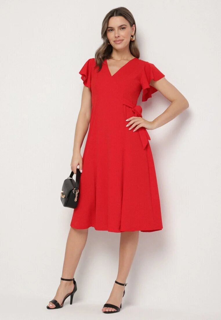 new collection Rochie roșie cloș tip plic cu legătură în talie Dannila