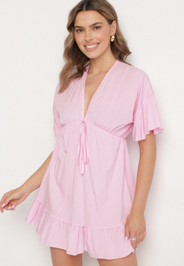 new collection Rochie Roz stil liliac din viscoză cu croi cloș și volane din tul