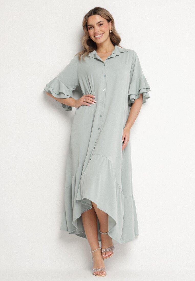 new collection Rochie tip cămașă Verde deschis cu volan decorativ Daviravie