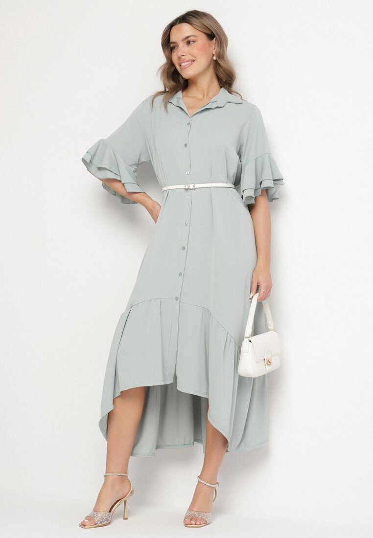 new collection Rochie tip cămașă Verde deschis cu volan decorativ Daviravie