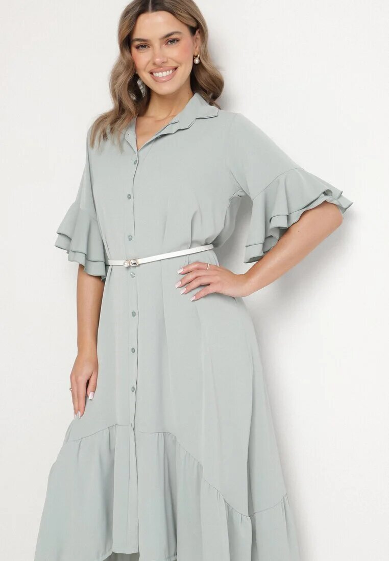 new collection Rochie tip cămașă Verde deschis cu volan decorativ Daviravie