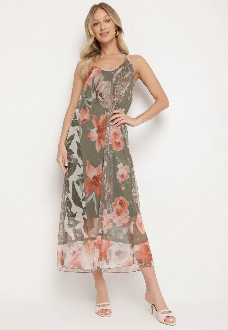new collection Rochie verde închis din plasă cu vâscoză și imprimeu floral Izaleira