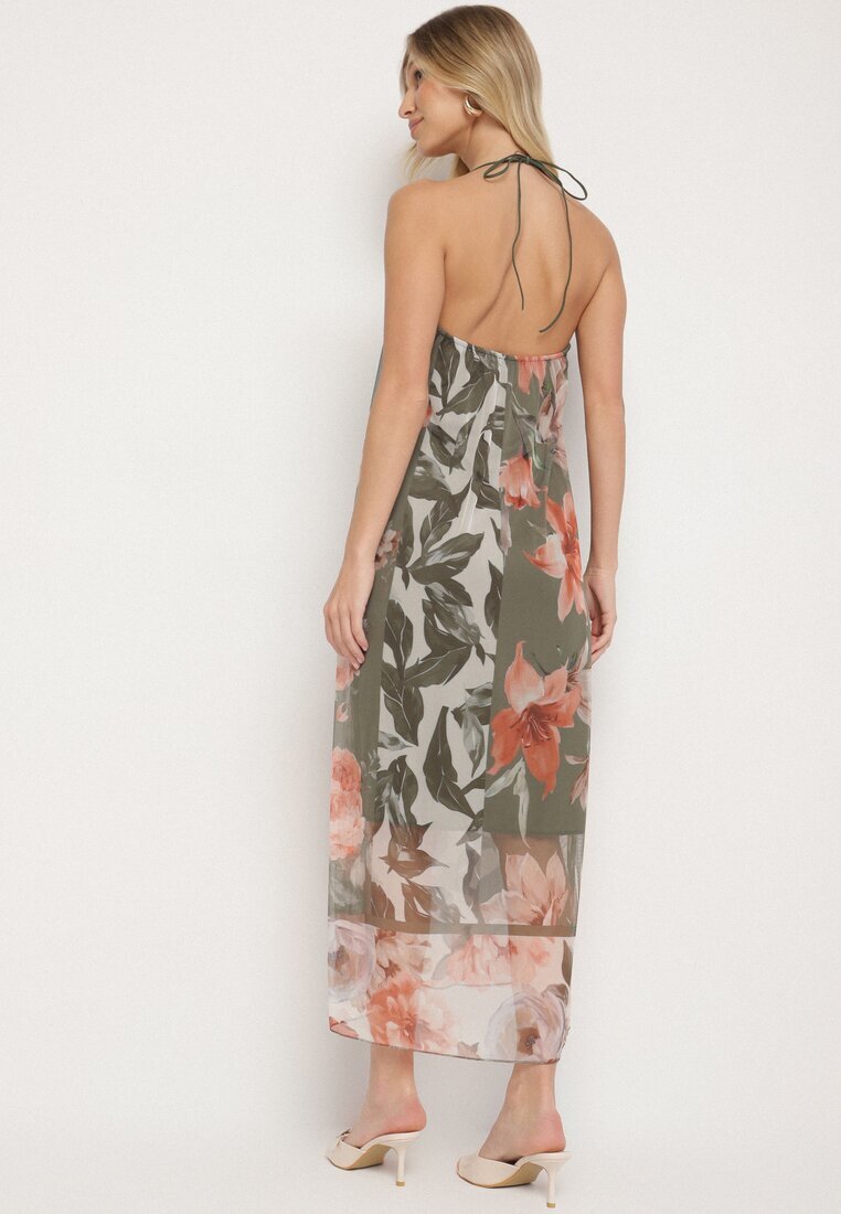 new collection Rochie verde închis din plasă cu vâscoză și imprimeu floral Izaleira