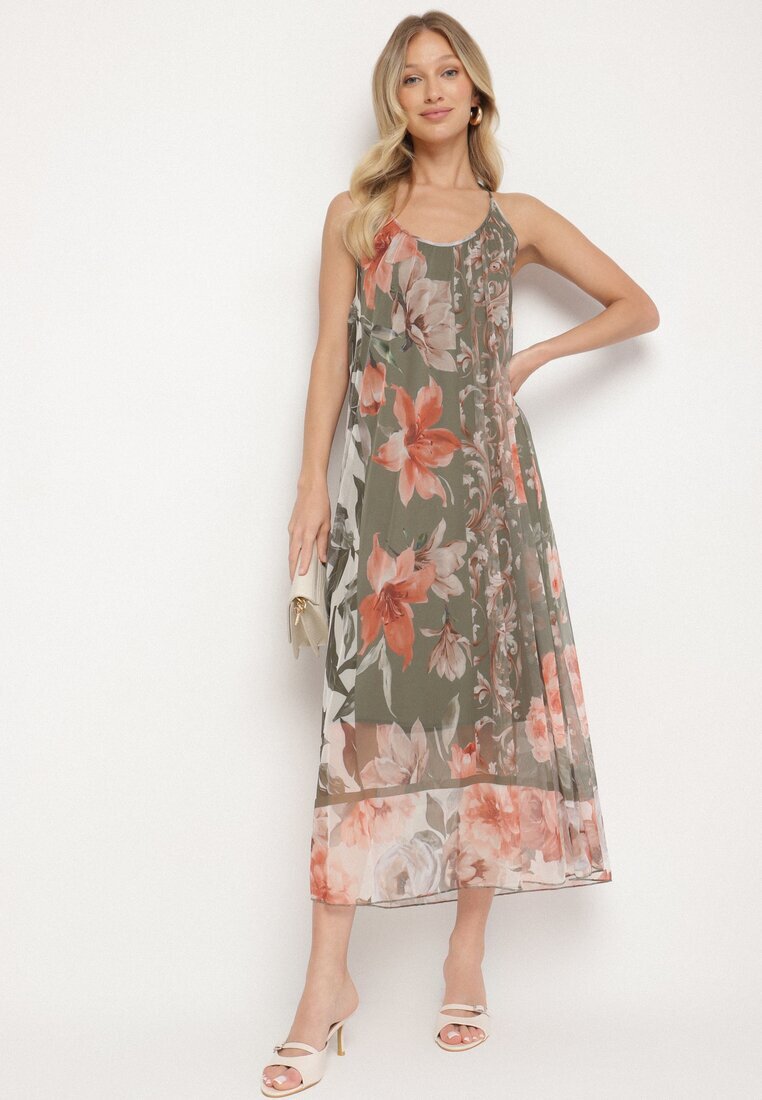 new collection Rochie verde închis din plasă cu vâscoză și imprimeu floral Izaleira