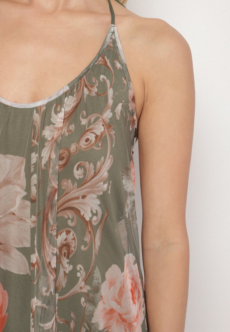 new collection Rochie verde închis din plasă cu vâscoză și imprimeu floral Izaleira