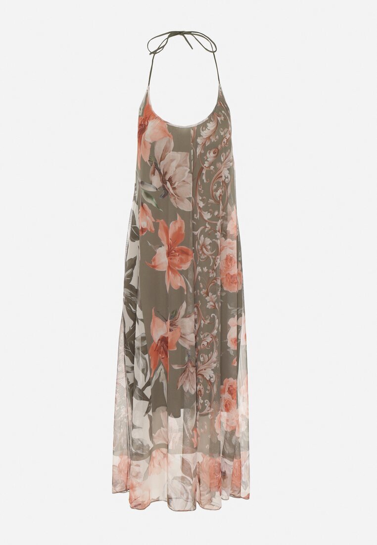 new collection Rochie verde închis din plasă cu vâscoză și imprimeu floral Izaleira
