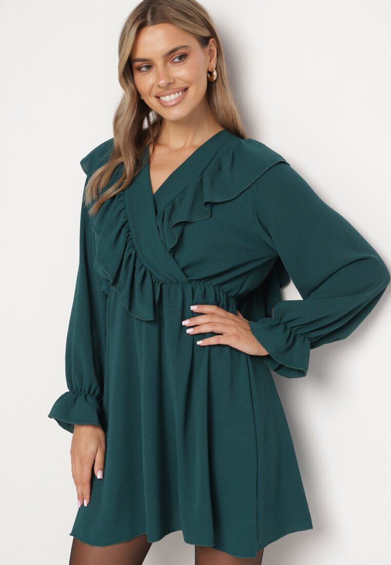 new collection Rochie Verde închisă Cloș cu croi petrecut cu volane Celonara