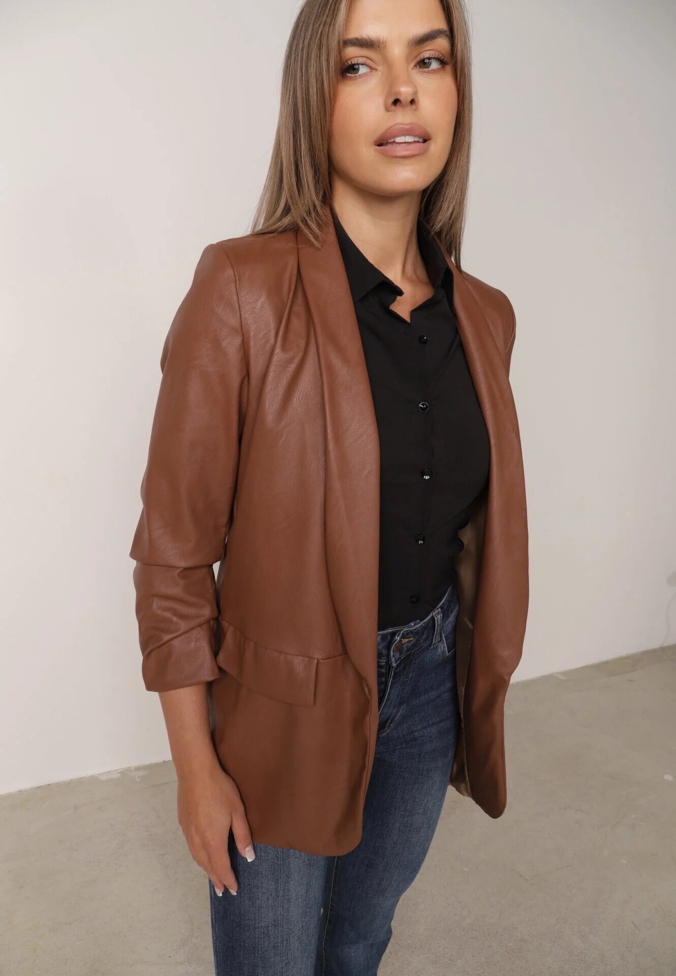 new collection Sacou Maro din Imitație de Piele Neîncheiat cu Mânecă încrețită Libe
