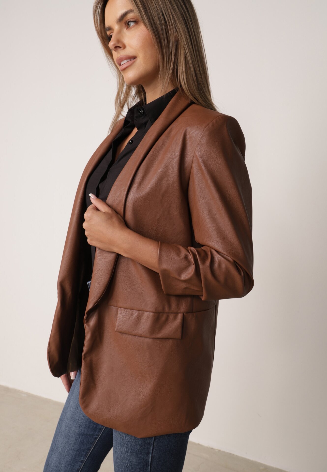 new collection Sacou Maro din Imitație de Piele Neîncheiat cu Mânecă încrețită Libe