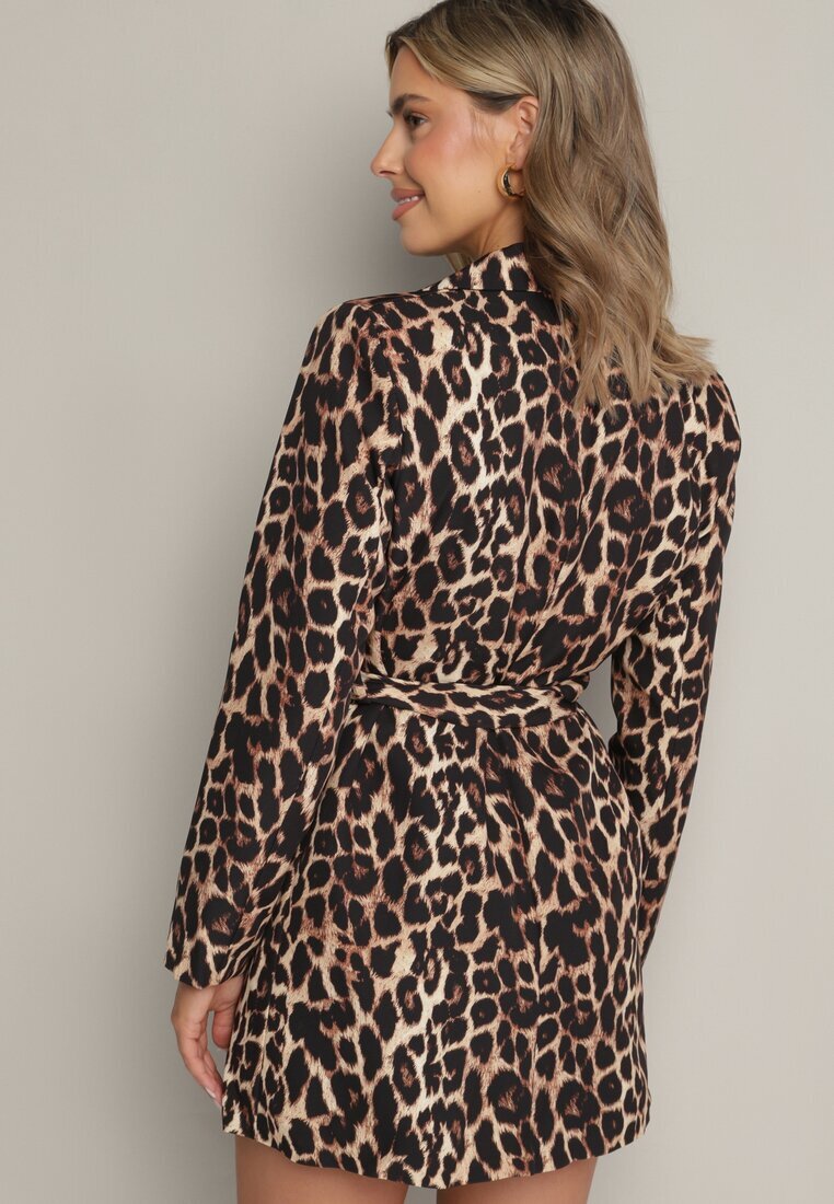 new collection Sacou Maro Neîncheiat Imprimat Leopard cu curea și pernuțe de umăr Letaril
