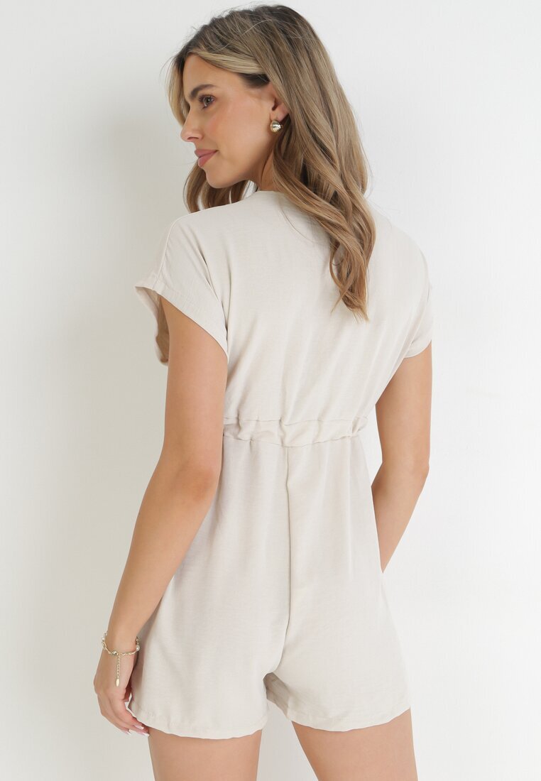 new collection Salopetă Scurtă Bej cu mânecă scurtă și elastic în talie Aliaa