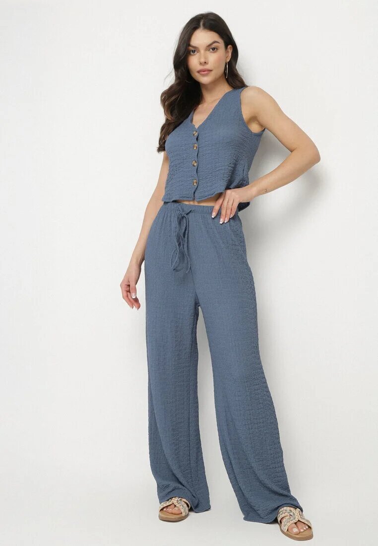 new collection Set Albastru Vestă cu decolteu în V și Pantaloni largi cu legătură Sadonelle