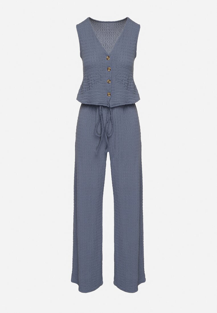 new collection Set Albastru Vestă cu decolteu în V și Pantaloni largi cu legătură Sadonelle
