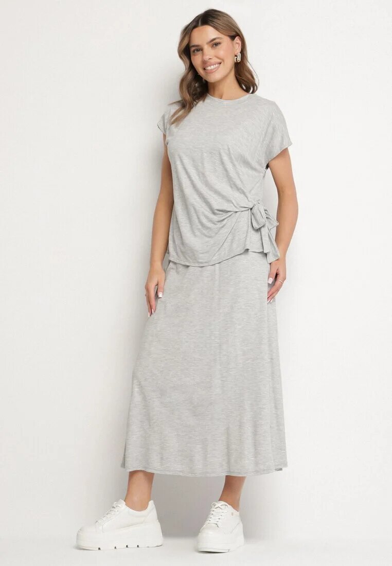 new collection Set Gri din Viscoză Fustă și Bluză cu Legătură Davissael