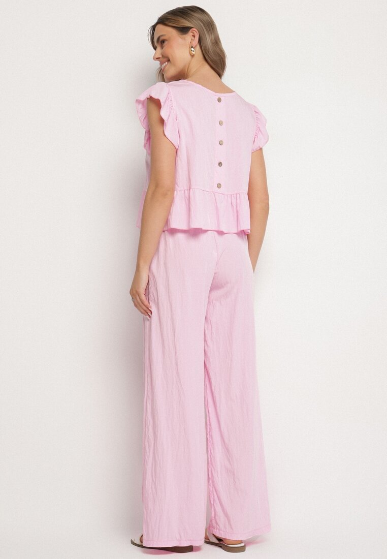 new collection Set Roz din Viscoză Pantaloni Largi și Bluză cu Volane Villimi