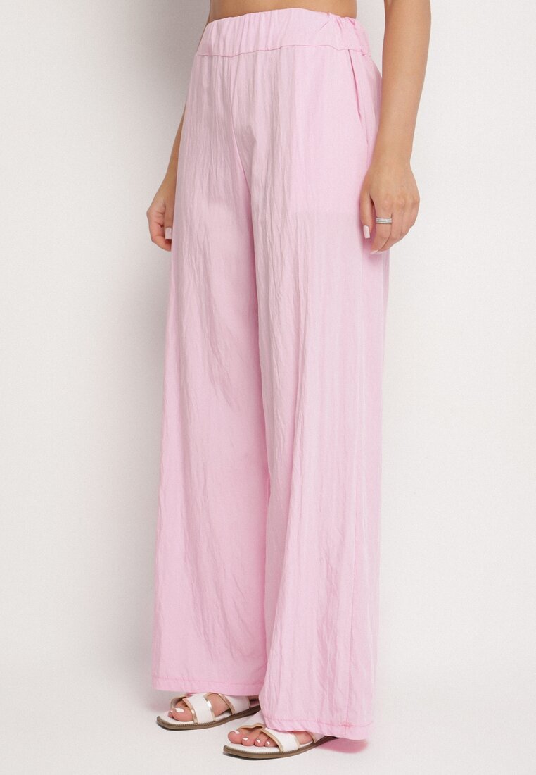 new collection Set Roz din Viscoză Pantaloni Largi și Bluză cu Volane Villimi