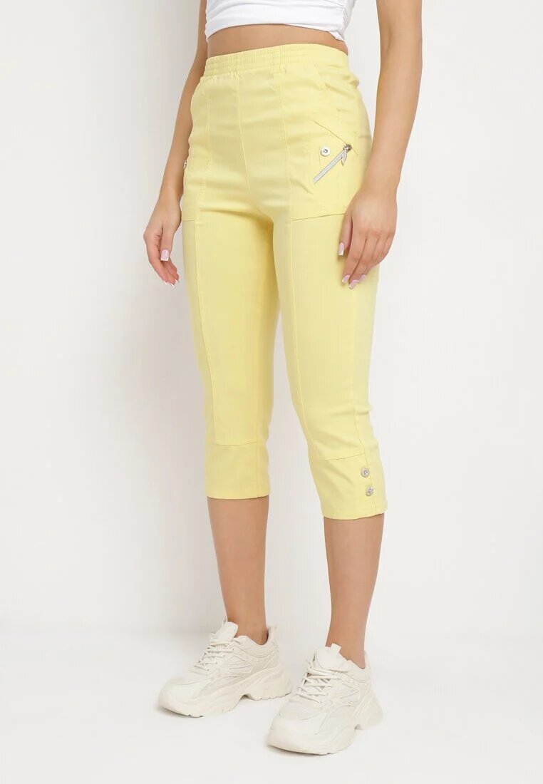 new fashion Pantaloni 3/4 Galbene cu Bandă Elastică în Talie și Fermoare Leazira