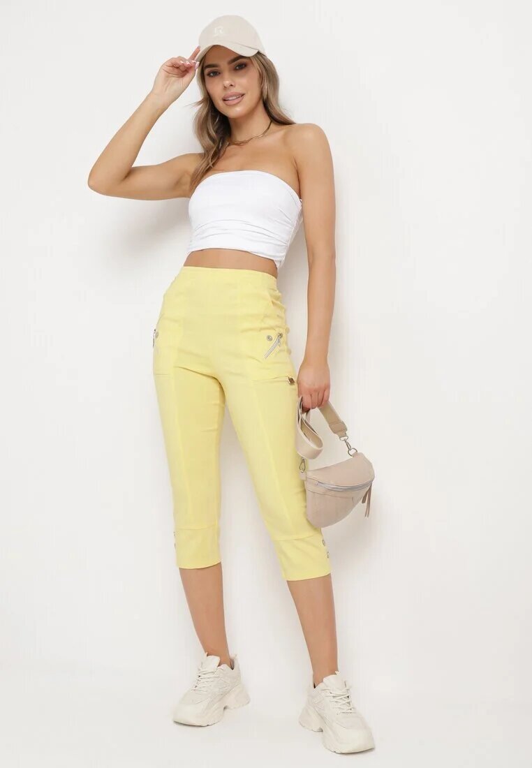 new fashion Pantaloni 3/4 Galbene cu Bandă Elastică în Talie și Fermoare Leazira