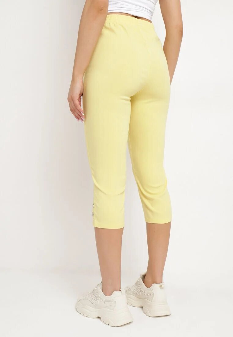 new fashion Pantaloni 3/4 Galbene cu Bandă Elastică în Talie și Fermoare Leazira