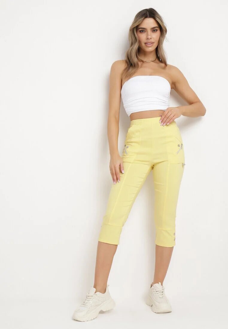new fashion Pantaloni 3/4 Galbene cu Bandă Elastică în Talie și Fermoare Leazira