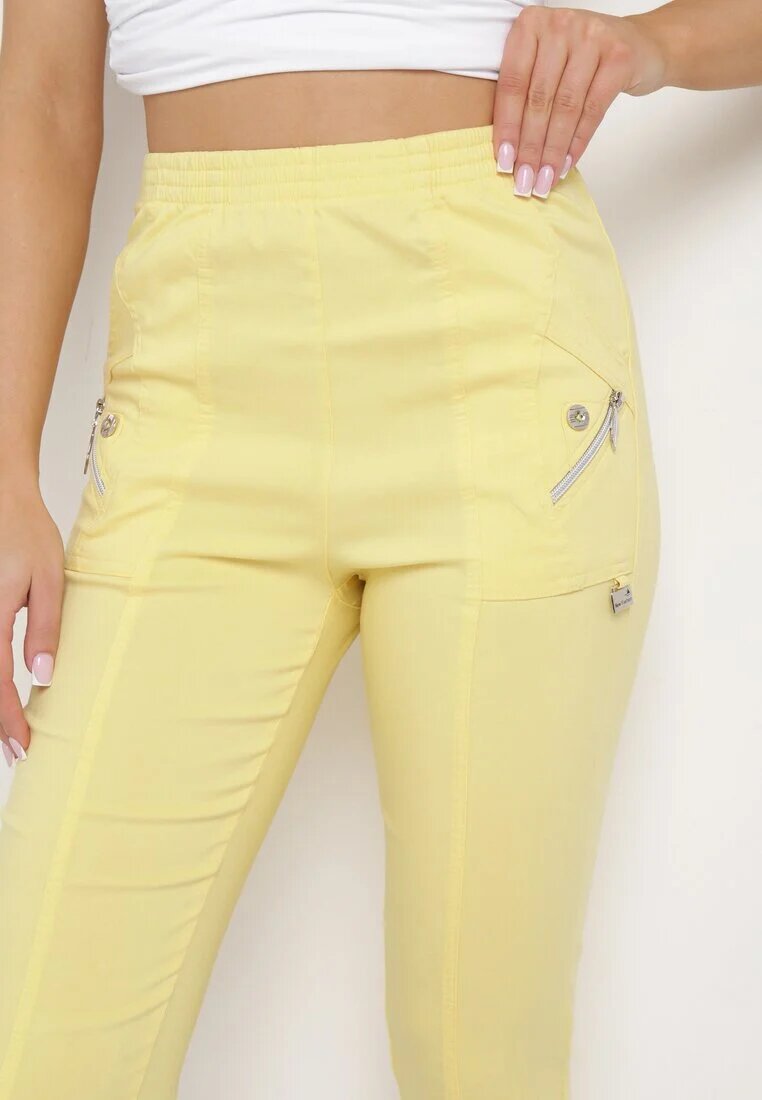new fashion Pantaloni 3/4 Galbene cu Bandă Elastică în Talie și Fermoare Leazira