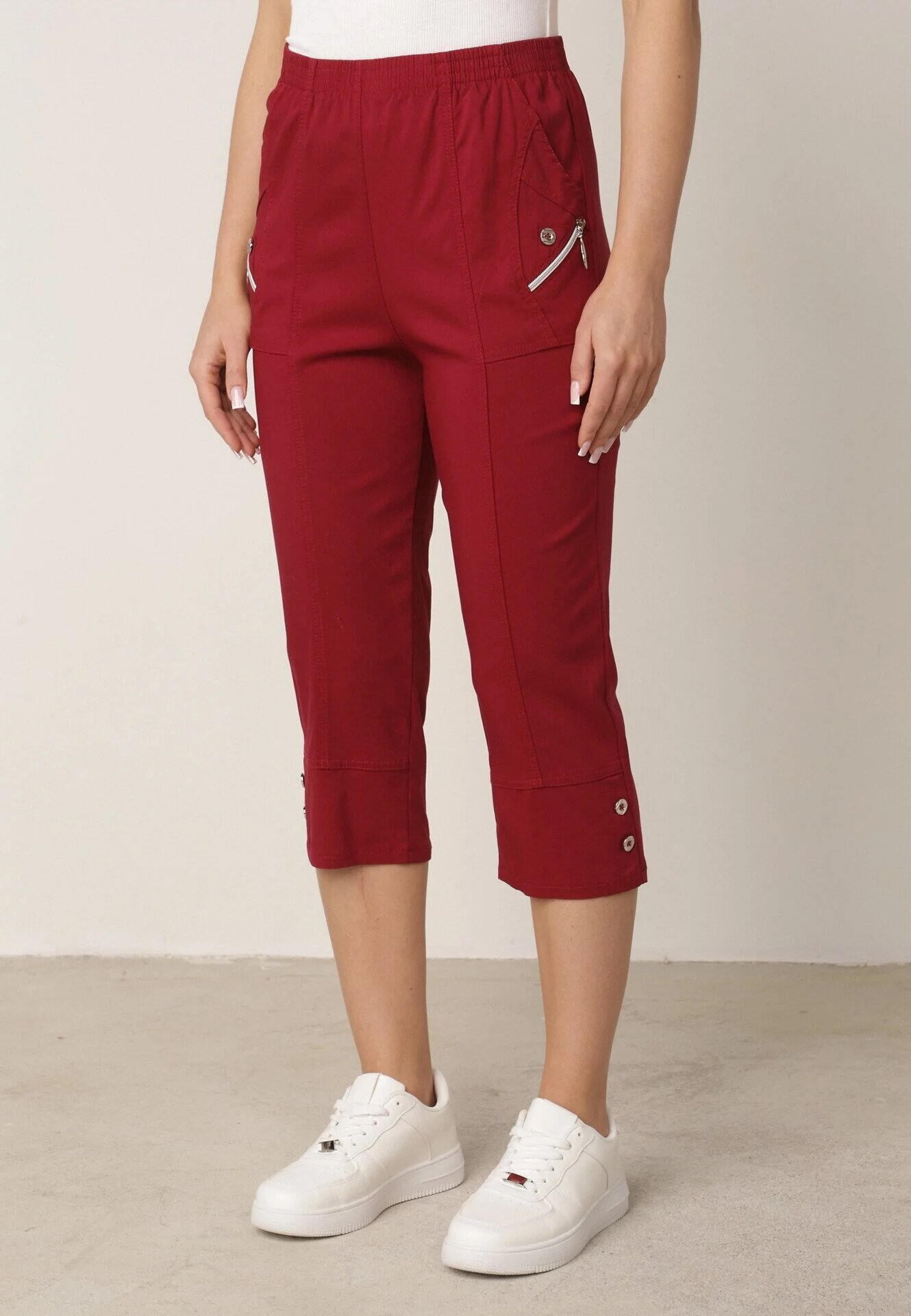new fashion Pantaloni Bordo 3/4 cu elastic în talie și Fermoare Leazira