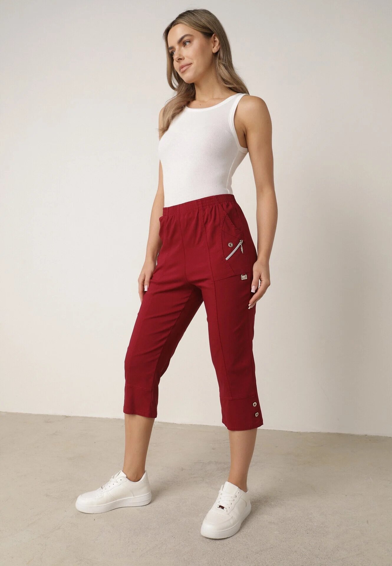 new fashion Pantaloni Bordo 3/4 cu elastic în talie și Fermoare Leazira