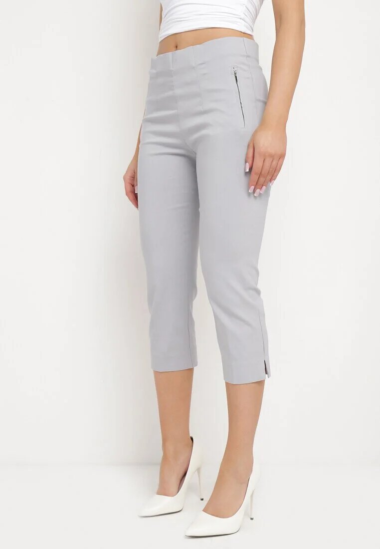 new fashion Pantaloni Gri de lungime 3/4 cu bandă elastică în talie și cu legătură Cidasara