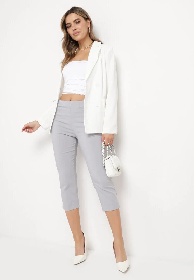 new fashion Pantaloni Gri de lungime 3/4 cu bandă elastică în talie și cu legătură Cidasara