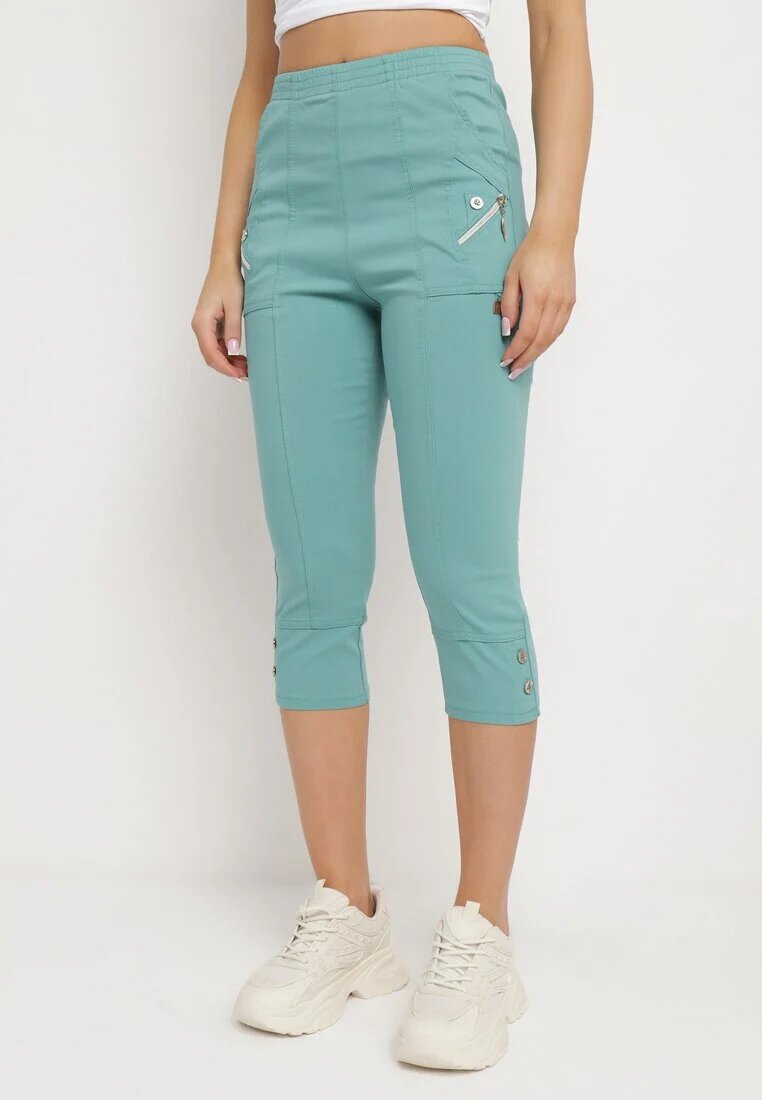 new fashion Pantaloni Menta 3/4 cu Bandă Elastică în Talie și Fermoare Leazira