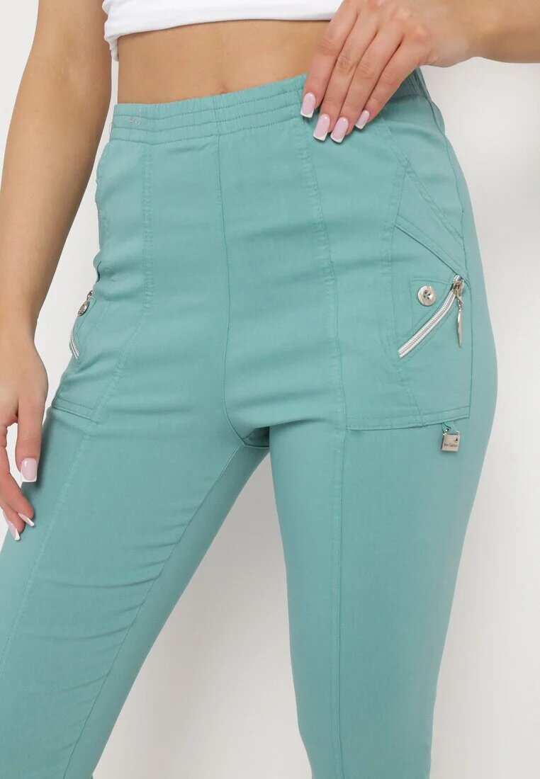 new fashion Pantaloni Menta 3/4 cu Bandă Elastică în Talie și Fermoare Leazira
