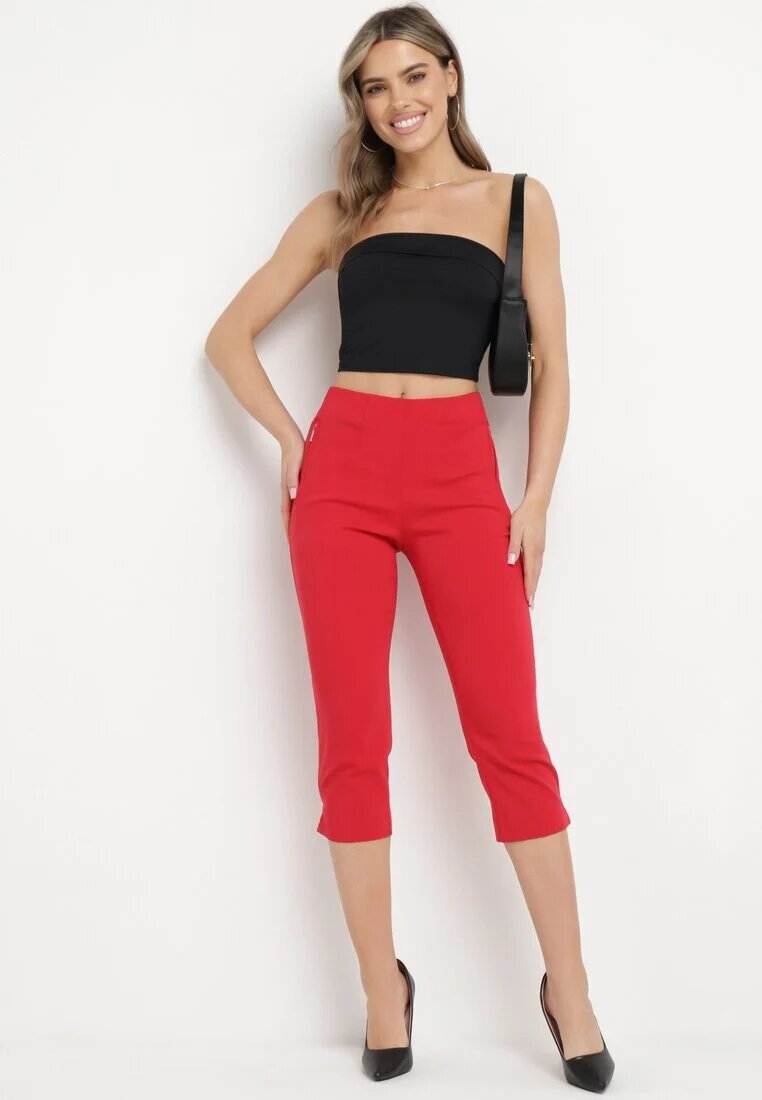 new fashion Pantaloni Roșii 3/4 cu bandă elastică în talie și șnur Cidasara