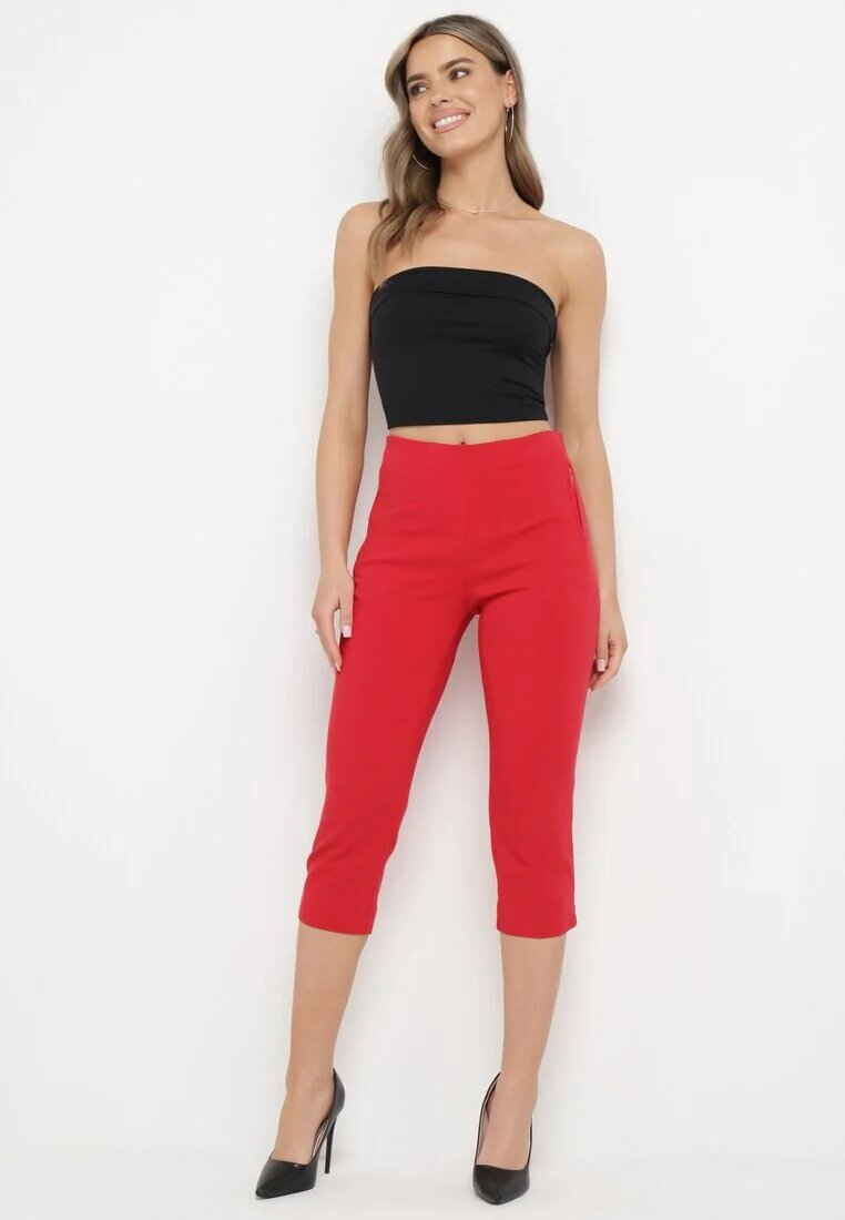 new fashion Pantaloni Roșii 3/4 cu bandă elastică în talie și șnur Cidasara