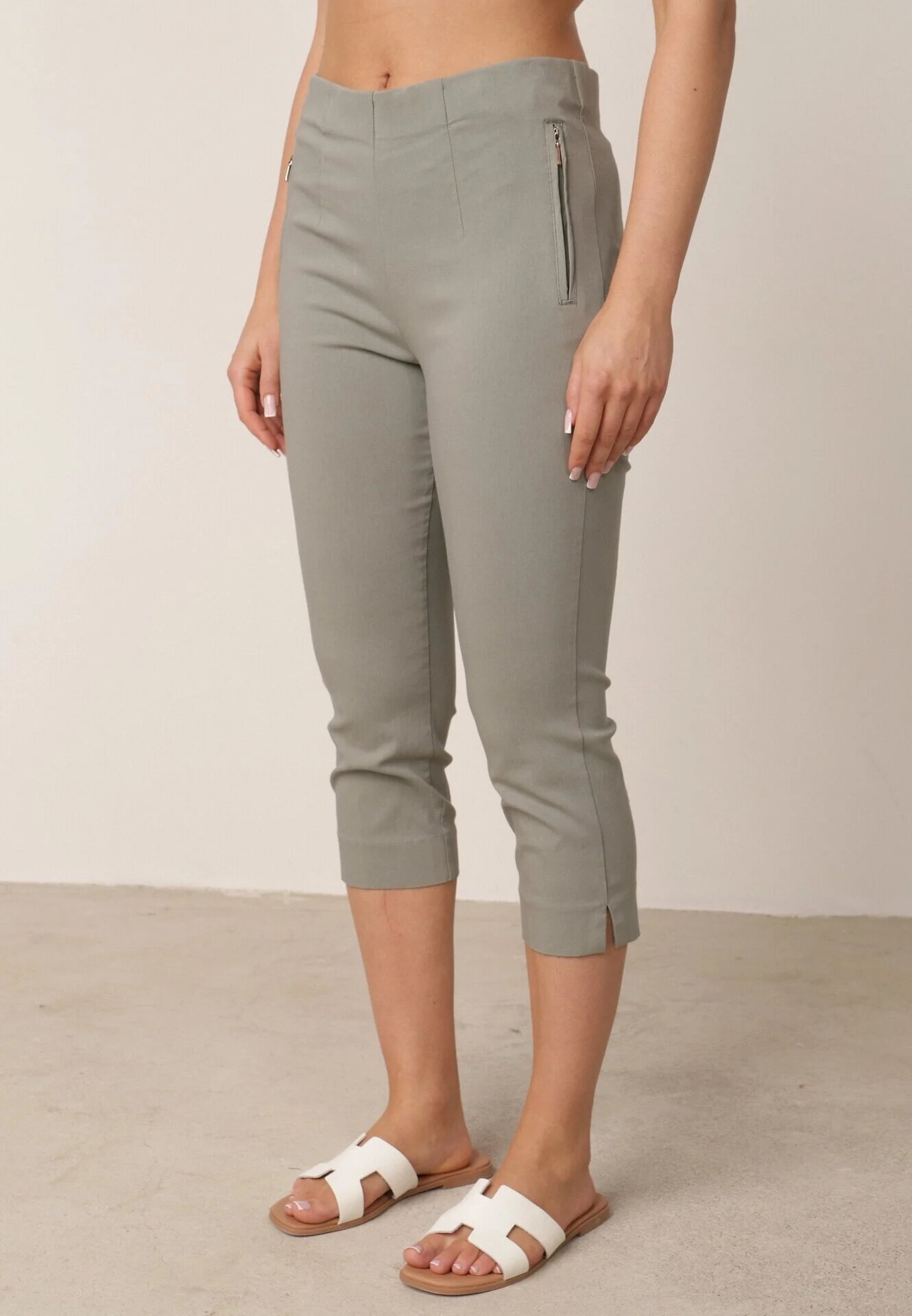 new fashion Pantaloni verzi deschis de lungime 3/4 cu bandă elastică în talie și legătură Cidasara