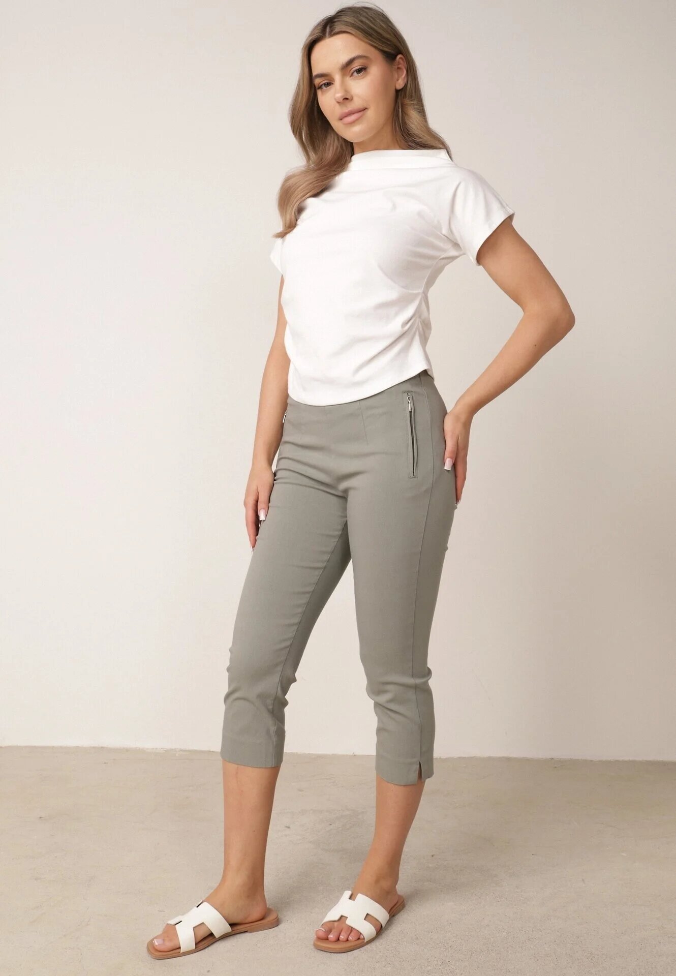 new fashion Pantaloni verzi deschis de lungime 3/4 cu bandă elastică în talie și legătură Cidasara