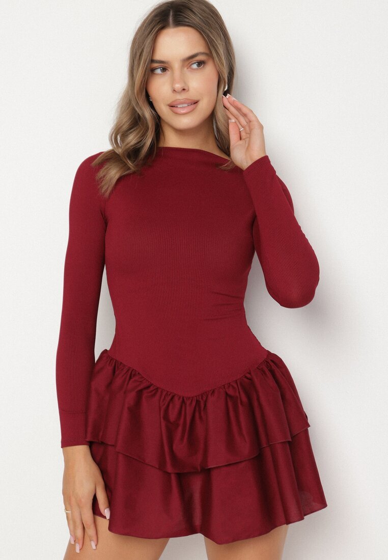 new fashion Rochie Cloș Bordeaux cu mânecă lungă și volan Reonaria