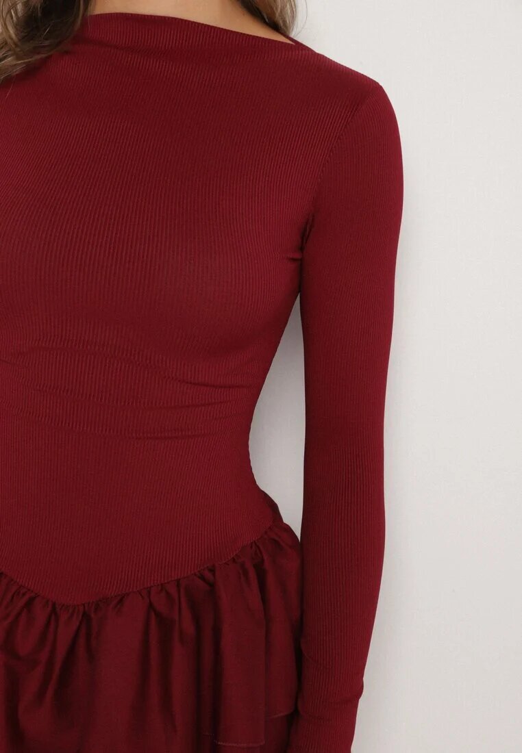 new fashion Rochie Cloș Bordeaux cu mânecă lungă și volan Reonaria