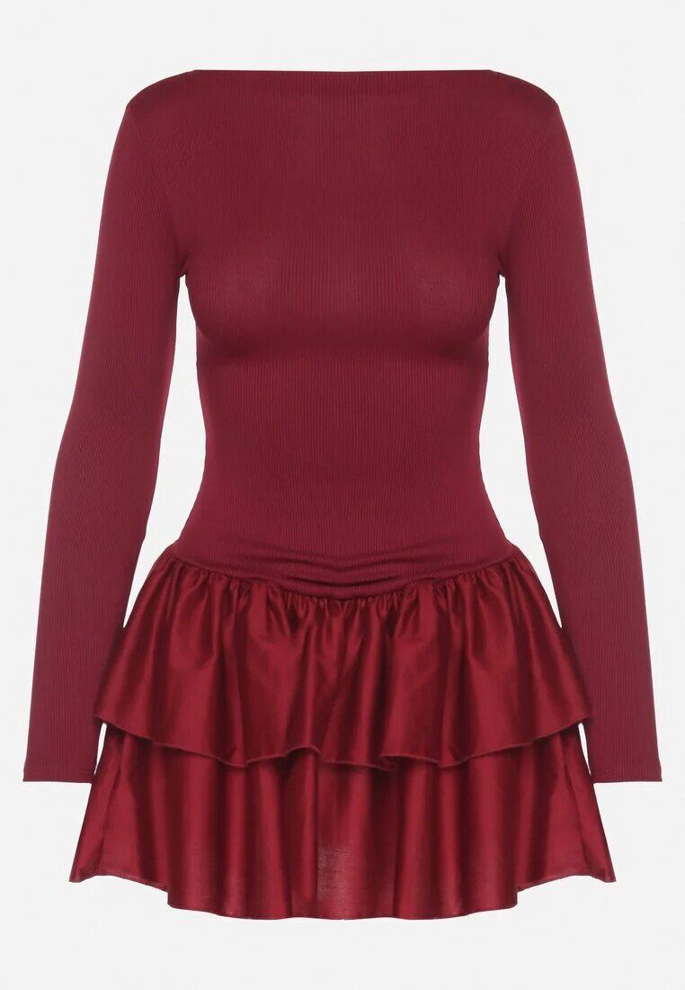 new fashion Rochie Cloș Bordeaux cu mânecă lungă și volan Reonaria