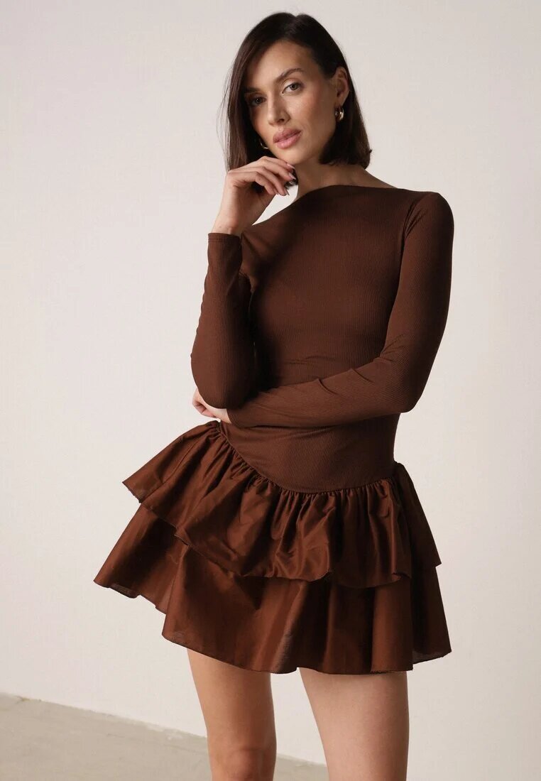 new fashion Rochie Maro Evazată cu Mânecă Lungă și Volan Reonaria