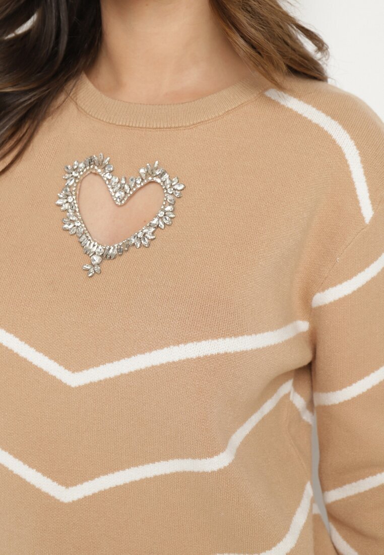 newstar Pulover Bej Închis cu Viscoză cu Model Geometric cu Decupaj în Formă de Inimă cu Zirconii Temilime