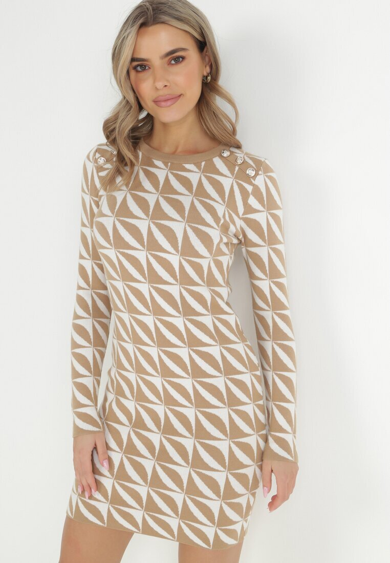 newstar Rochie Alb-Bej Tricotată cu Model Geometric Hynnee