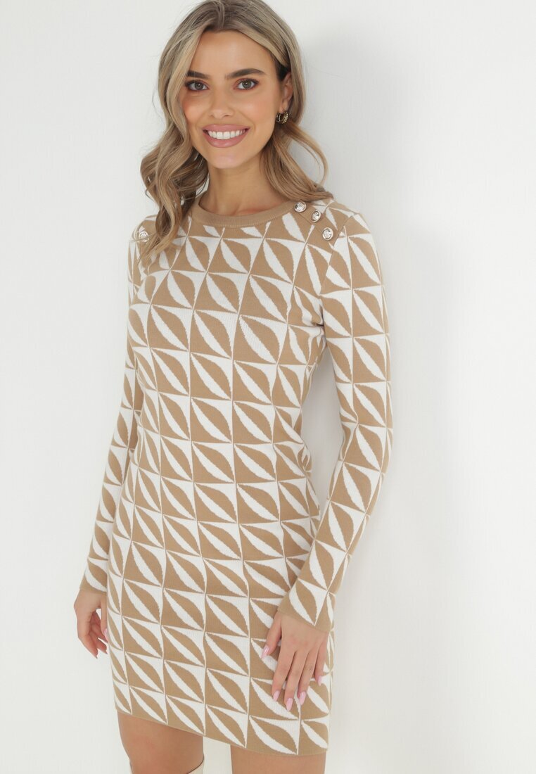 newstar Rochie Alb-Bej Tricotată cu Model Geometric Hynnee