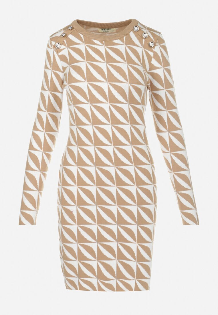 newstar Rochie Alb-Bej Tricotată cu Model Geometric Hynnee