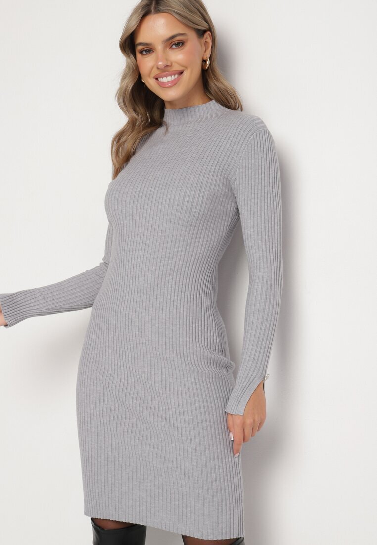 newstar Rochie Gri Striată Mulată cu Modal și Viscoză și Nasturi Decorativi Zeanilda