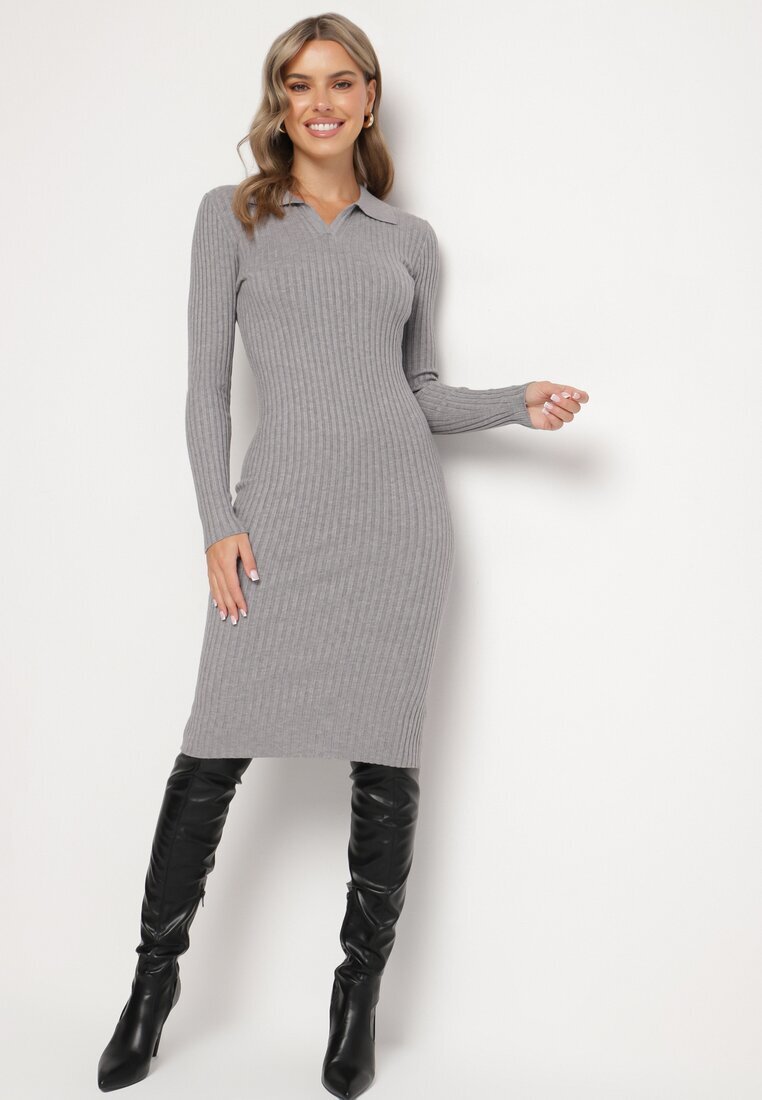 newstar Rochie Mulată Tip Pulover Gri cu Modal și Viscoză Decorată cu Guler Seanelora