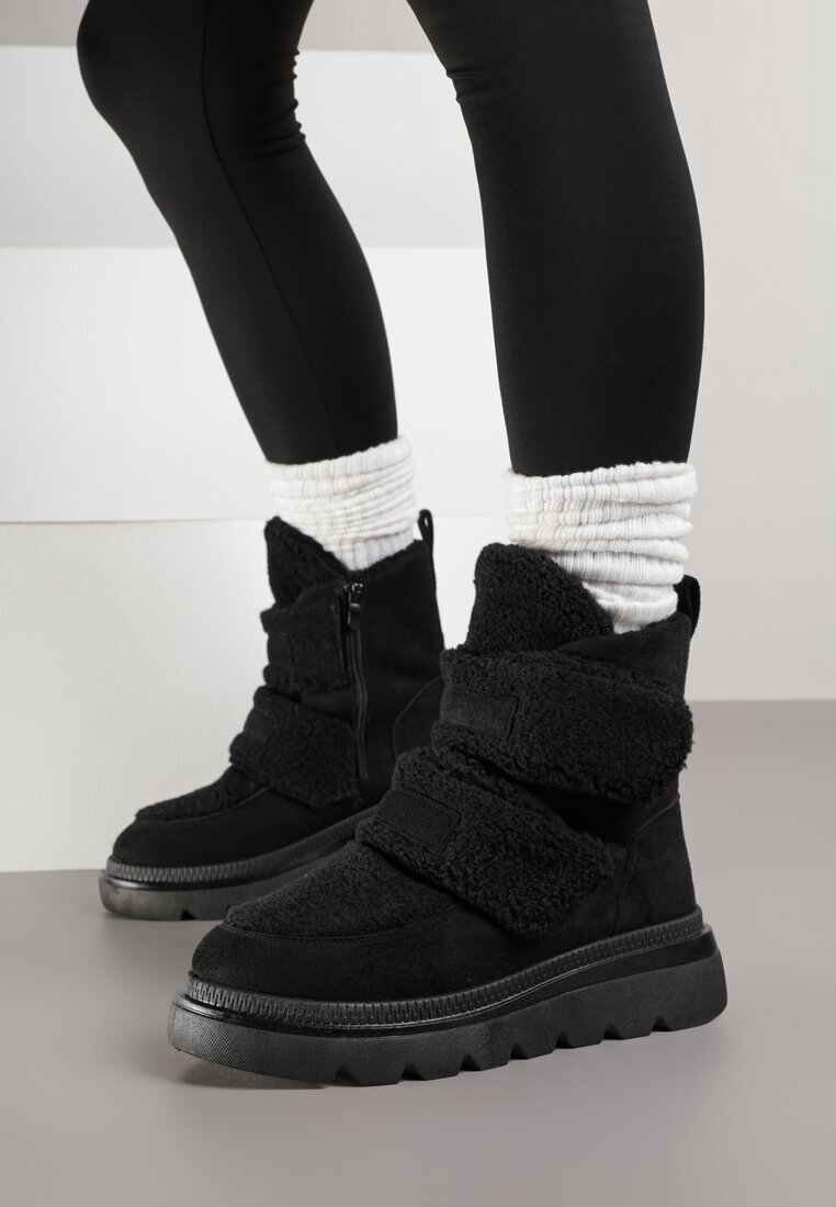 next step Botine Negre de Zăpadă pe Talpă Groasă Decorate cu Benzi Velcro Largi Amerria