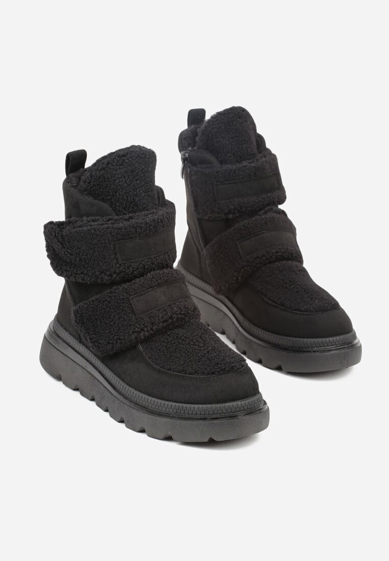 next step Botine Negre de Zăpadă pe Talpă Groasă Decorate cu Benzi Velcro Largi Amerria
