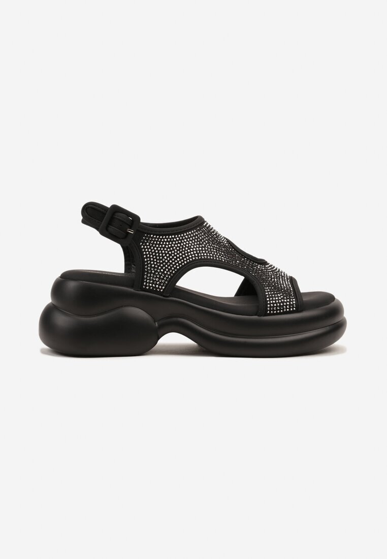 next step Sandale Negre cu Talpă Groasă din Spumă Decorate cu Zirconii Idanilia